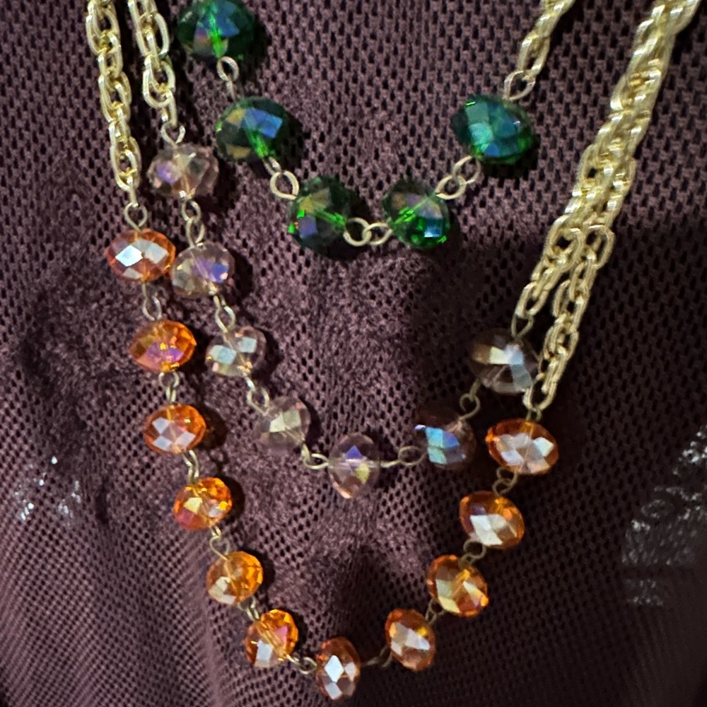 Lizet Miró design necklace 3 lawyers Swarovski crystals gold filled Bain vintage
